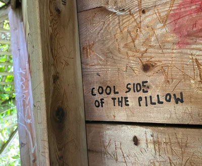 Wall with grafitti that says "cool side of the pillow.'