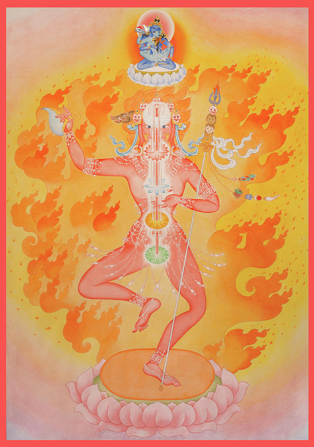 Special Vajravarahi Thangka by Anna Artemyeva. This image is a practice support for those engaging in the Tummo Practice of the Yuthok Nyingthig. The central meditation deity depicted is Vajravarahi with her implements of a driguk, khatvanga, and boars head. Depicted in a dancing posture in a ring of blissful fire under Yuthok with his consort in dharmakaya form.