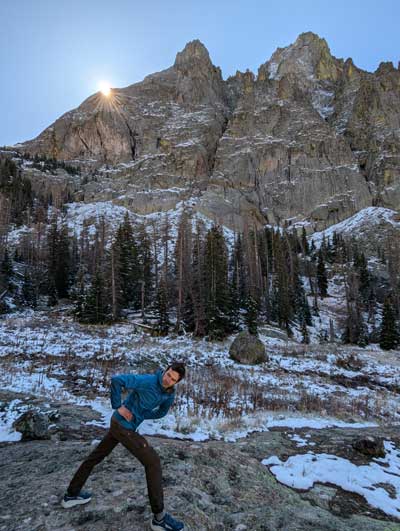 Jon, a Lotus Light sangha member, doing a little Lu Jong on a trip to Colorado