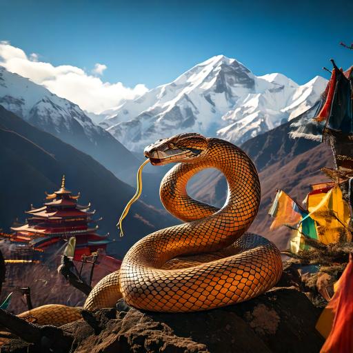 A snake twined around a branch with an Om symbol nearby. The background has snowy mountains. This is an AI-generated image.